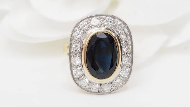 Bague pompadour en or bicolore, saphir et diamants en vente à Marseille - rf 32642