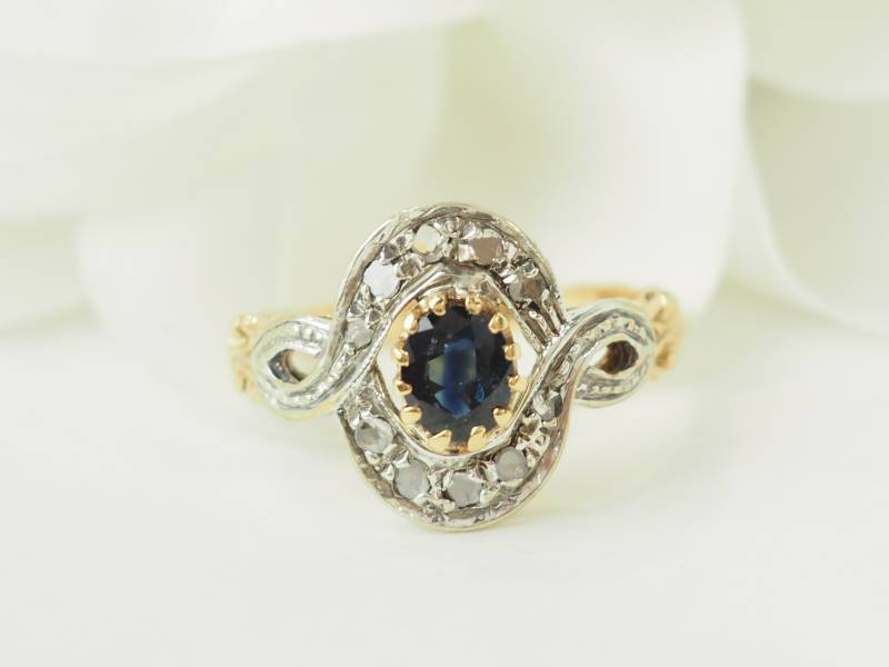 Art Nouveau sapphire ring with rose cut diamonds – antique jewelry France shipping worldwide