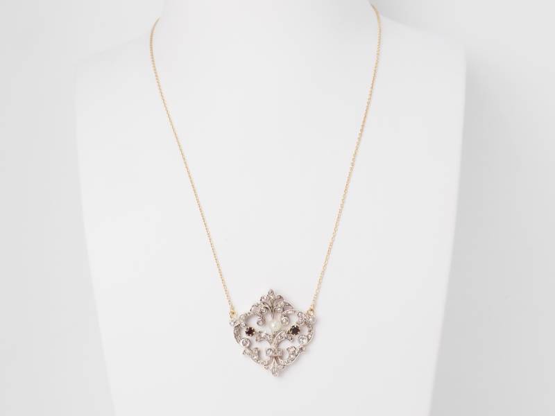 Collier ancien or jaune et argent sertis de diamants et grenats
